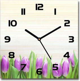 Négyzet alakú üveg falióra Lila tulipánok 30x30