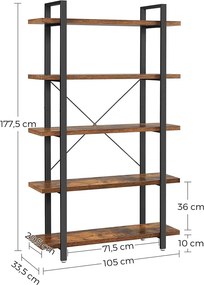 Könyvespolc, tárolópolc, rusztikus barna 105x33x177cm