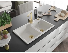 Mexen Tomas, gránit mosogató 800x500x190 mm, 2 kamrás és arany csaptelep Rita, fehér, 6516-20-670300-50