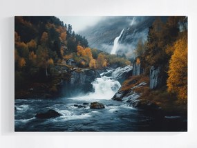 Vászonkép Canvas Tájkép Ősz Erdő Hegyek Sziklák Vízesés Folyó 120x80