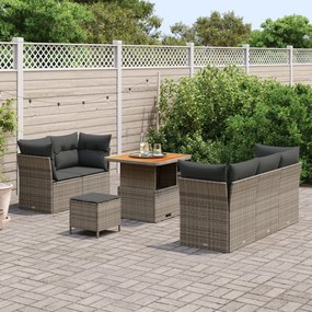 8 Részes Kerthelység Kanapé Szett Párnákkal Szürke Műrattan Acacia, 3 Részes Kerti Étkező Szett Párnákkal Szürke Műrattan Acacia