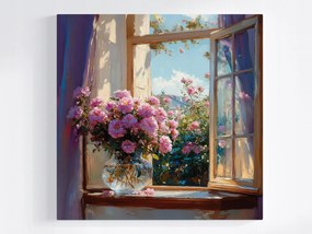 Vászonkép Canvas Ablak Kert Bokor Virágok Rózsa Csokor Váza 40x40