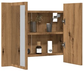kézműves tölgyszínű szerelt fa tükörszekrény LED-del 60x12x45cm