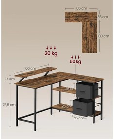 L alakú íróasztal 2 tágas fiókkal, számítógépes íróasztal állítható tárolópolccal, rusztikus barna