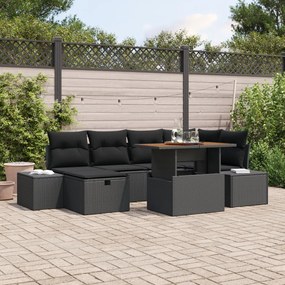 7 darabos Kerti Étkező Garnitúra Párnákkal Fekete Poly Rattan Akácia