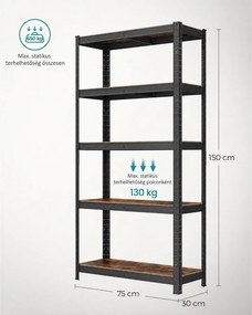 Nagy teherbírású tárolópolc, 5 állítható polccal, 650 kg teherbírás, 75 x 30 x 150 cm, rusztikus barna/fekete