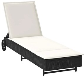 Fekete polyrattan napozóágy kerekekkel és párnával