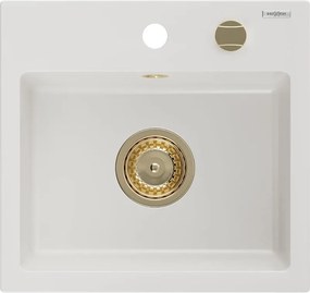 Mexen Milo gránit egytálcás mosogató 435 x 410 mm, fehér, arany szifonnal - 6505441000-20-G