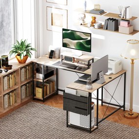 HOMCOM Fordítható Moduláris Sarokasztal, Ipari Stílus 168-240 cm - Állítható Polc, Tárolótáska, Képernyőállvány, Számítógép Íróasztal 2 Személy Részér