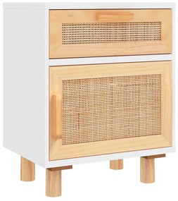 Fehér tömör fenyőfa és természetes rattan éjjeliszekrény