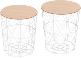 HOMCOM Kerek Kávézó Asztal 2-Darabos Készlet Halmozható Nappali Asztal Oldalsó Asztal Levehető Fedéllel - Kávézó Asztal Fém Vázon Nappaliba Természete