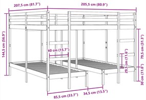 tömör fenyőfa tripla emeletes ágykeret 200x200/80x200 cm