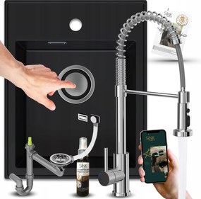 Gránit Mosogató Szett 50x40 Fekete Kétáramú Csapteleppel Szifon