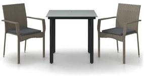 vidaXL 3 részes fekete és szürke polyrattan kerti étkezőszett párnával