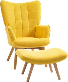 HOMCOM Fotel Ottomannal, Magas Hátú Szárnyas Szék Fából Készült Lábakkal, Tűzött Dizájn, Corduroy Hatás, Nappalihoz, Sárga | Aosom