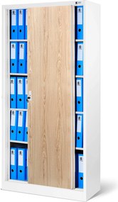 Fém irodai szekrény tolóajtókkal, fehér/sonoma tölgy, 900x1850x400 mm: KUBA Eco Design