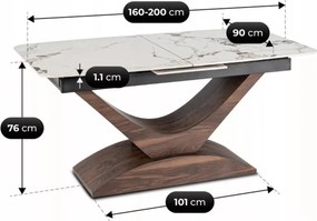 Bővíthető Márványhatású Kerámia Étkezőasztal Fehér/Dió Színben. ALICANTE 160-200 cm Belföldi Raktárból