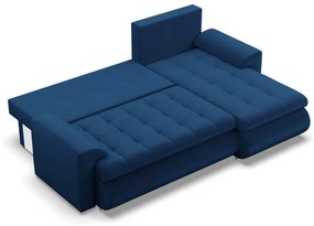 Tokio sarokkanapé, 2 ágyneműtartóval, bársony, jobboldali, kék