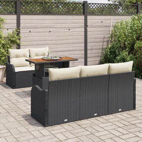6 részes kerti kanapé szett párnákkal fekete poli rattan akáciából, 2 személyes kerti kanapé párnákkal fekete poli rattan