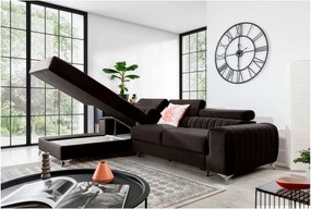Sötétbarna bársony kinyitható-tárolóhelyes sarokkanapé (bal oldali-heverő résszel) Grayson – ELTAP