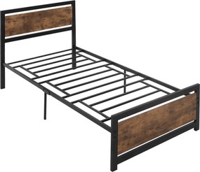 HOMCOM Egyszemélyes Ágykeret Fából és Acélból 97x 208x103cm, Beépített Rácsokkal, Ipari Stílusú Fejtámlával és Lábvéggel, Fekete és Rusztikus Barna |