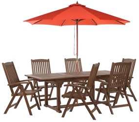 Hatszemélyes akácfa étkezőgarnitúra piros napernyővel AMANTEA Beliani