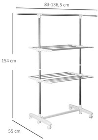 Összecsukható ruhaszárító állvány kerekekkel 83-136,5 x 45,5 x 154 cm