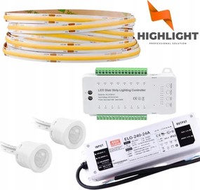 25m Lépcső szett Lépcsőzetes Led szalag MoNo Cob 8W 24V+mozgásérzékelők 16we