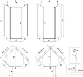 Mexen Mist, ötszögletű zuhanykabin, jobb oldali 90 x 90 cm, átlátszó üveg-fekete rács, 8A8-090-090-70-77-P