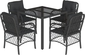 vidaXL 5 részes fekete polyrattan kerti étkezőgarnitúra párnákkal