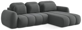 Sötétszürke buklé kinyitható-tárolóhelyes sarokkanapé (jobb oldali-heverő résszel) Pele – Makamii
