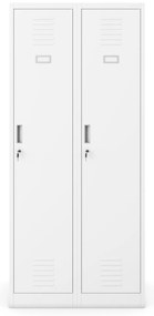 Pléh öltözőszekrény talpazaton, kétmodulos, polccal és köztes fallal KACPER, 800 x 1800 x 500 mm, fehér