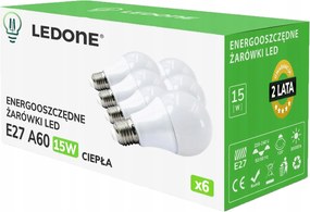 6x Led izzó E27 A60 15W fehér szín Meleg Prémium Led szett