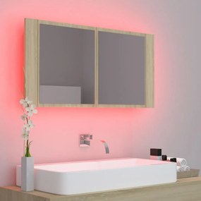 tölgyszínű akril LED-es tükrös fürdőszobaszekrény 90x12x45 cm