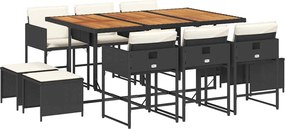 vidaXL 11 részes fekete polyrattan kerti étkezőgarnitúra párnákkal