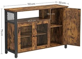 Komód három ajtóval és nyitott polcokkal, rusztikus barna 110x33x75cm