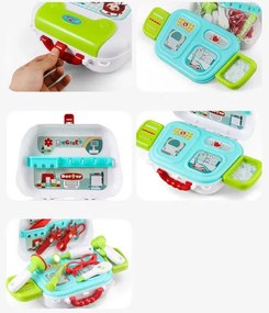 Gyermek orvosi készlet, fogantyús bőrönddel, hordozószíjjal, 12 kiegészítővel, többszínű