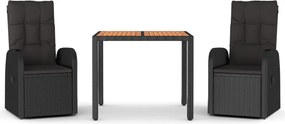 vidaXL 3 részes fekete polyrattan kerti étkezőgarnitúra párnákkal