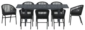 10 darabos kerti étkező szett párnákkal Fekete poli rattan, Hosszabbítható kerti asztal antracit (140-210)x90x73 cm acél