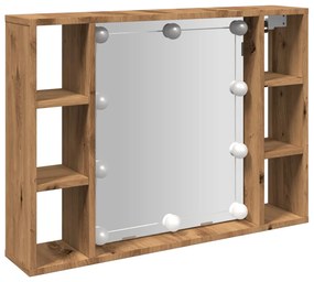 kézműves tölgy szerelt fa tükrös szekrény LED-ekkel 76x15x55 cm