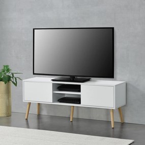 [en.casa] TV-állvány Eskilstuna Weib 120 x 29,5 x 46,5 cm TV-szekrény polccal tévéasztal ajtóval forgácslap tömör fa lábakkal fehér