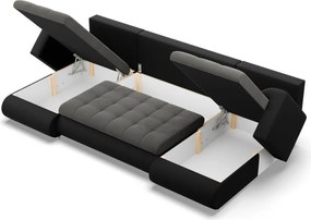 Tokio U alakú sarokkanapé, 3 ágyneműtartóval, bársony + műbőr, univerzális oldal, szürke - fekete