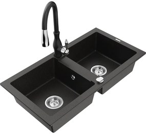 Mexen Mario, 2-kamrás gránit mosogató 820x436x161 mm és Savita mosogató csaptelep, fekete-arany metál, 6504-75-672601-70