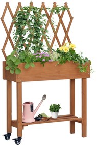 Outsunny Magasított Kertágy Trellissel, Virágtartó Polccal, Kerekes Ültetőedény, Teraszra és Erkélyre, Tartós Fa, Barna, 79 x 29 x 130 cm | Aosom