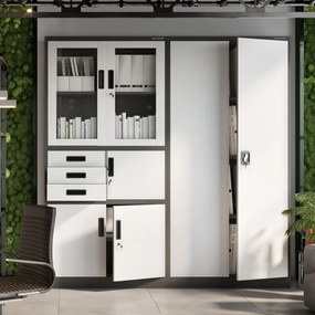 Fém iratszekrény széffel, vitrinnel és fiókokkal FILIP, 900 x 1850 x 400 mm, antracit-fehér