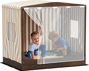 AIYAPLAY Homokozó Napernyővel és Hálós Ajtóval, 142 x 101,5 cm-es Fa Homokozó Padokkal, Tárolóval, Talajvédelmmel, 4 Gyereknek 3-6 Éves Barna | Aosom