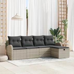 5 darabos kert kanapé garnitúra párnákkal világosszürke poli rattan, 2 személyes kert kanapé tárolóval és párnákkal világosszürke poli rattan