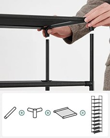 Cipőtartó állvány, 10 szintes, keskeny cipőtároló, 28x45x173 cm,  fekete