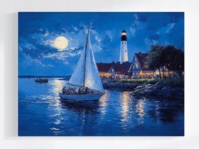 Vászonkép Canvas Tengerészet Éjszaka Hold Világítótorony Hajó 80x60