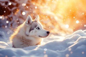 Vászonkép Canvas Kutya Szibériai Husky Hó Tél Fagy Nap 120x80